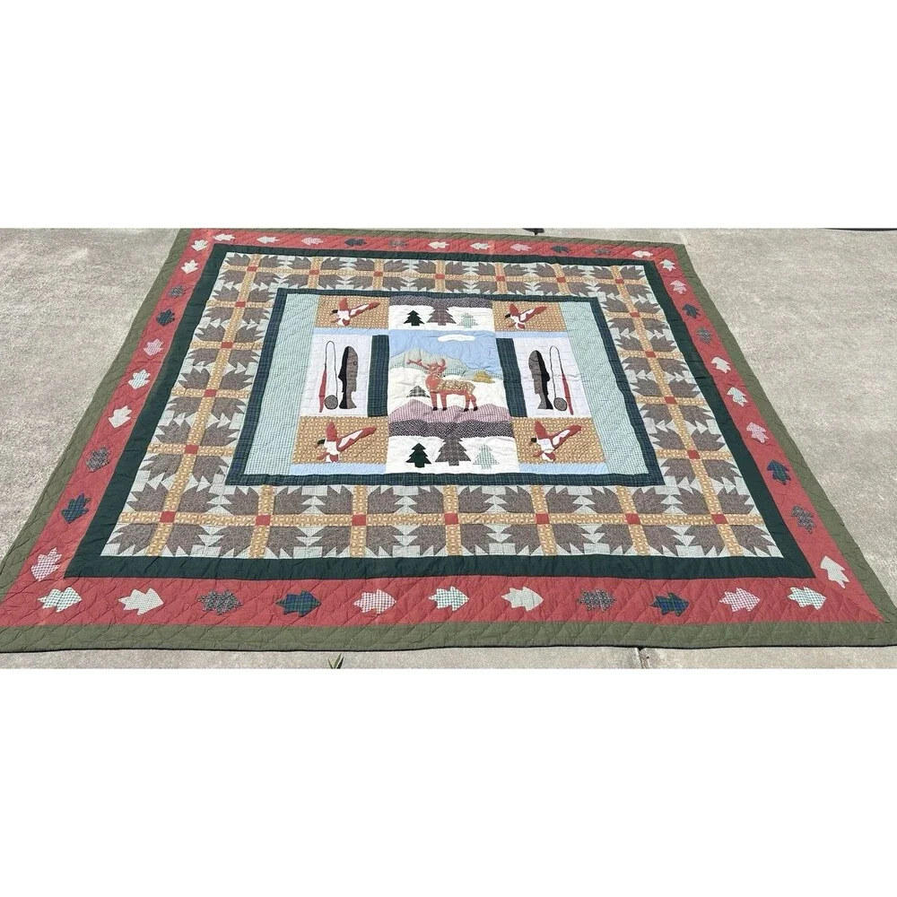 Vintage Handmade Cabin Lodge Quilt Deer Ducks Fishing Applique Patchwork 102x91